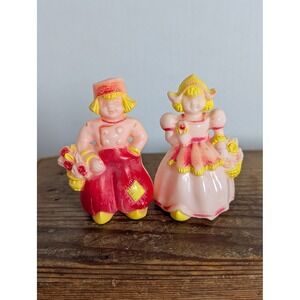 Vintage Plastic Boy Girl Salt & Pepper Shakers Pink Red Yellow Farm Country Set